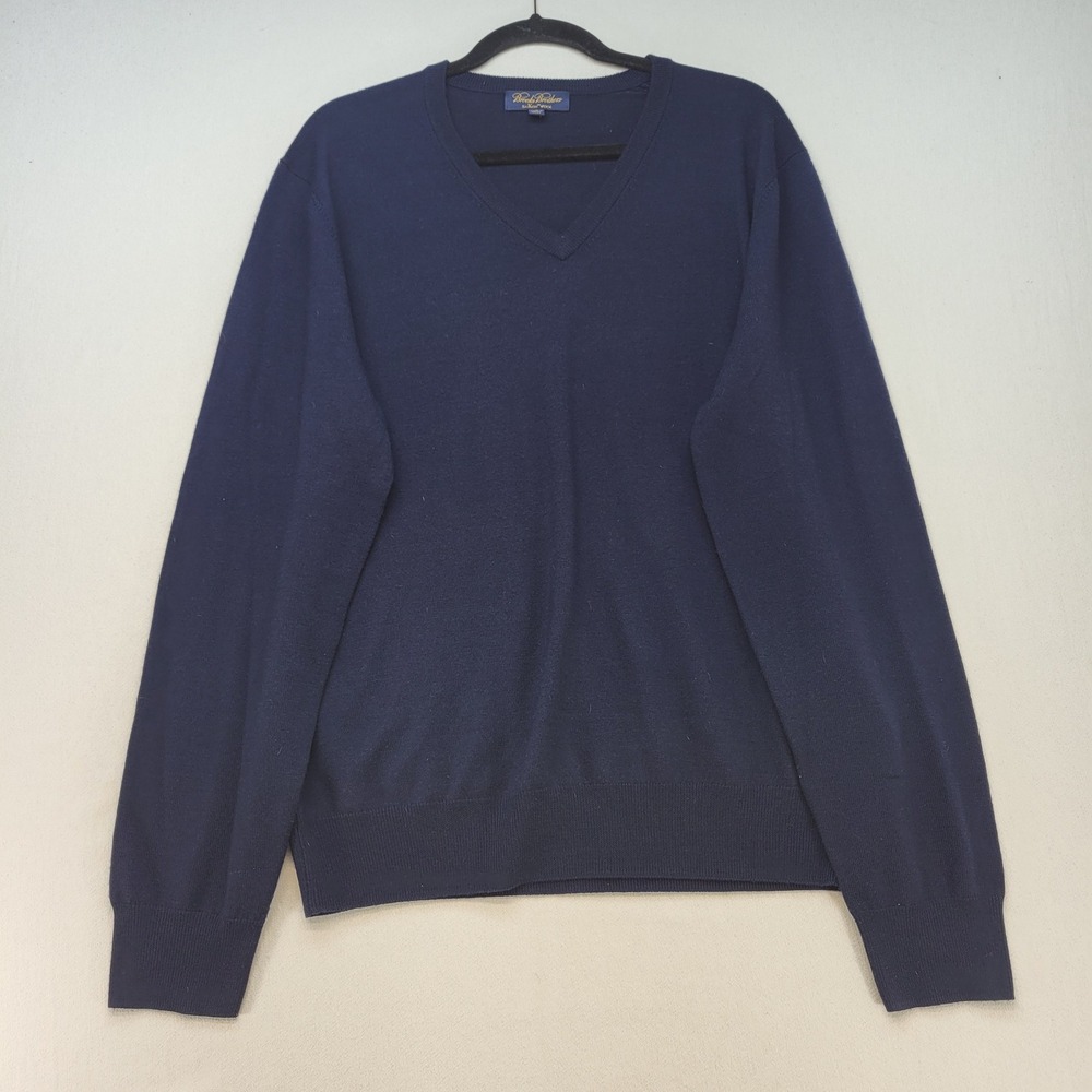 Brooks Brothers Sweater Mens Large Navy Blue V-Neck Saxxon Wool Long Sleeve